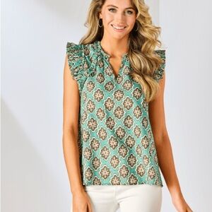 Mud Pie Patterned Ruffle Sleeve Blouse - Teal and Brown